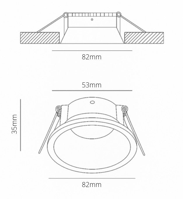 Technical drawing of a round light fixture with dimensions labeled