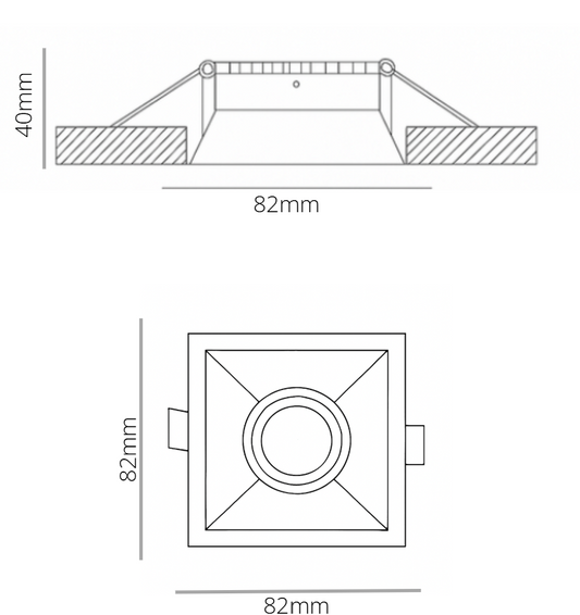 Technical drawing of a square light fixture with dimensions labeled