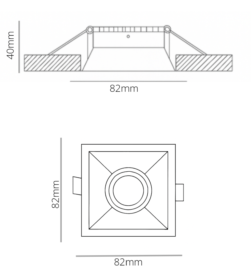 Technical drawing of a square light fixture with dimensions labeled