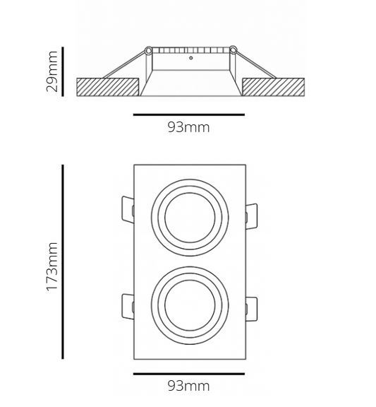 Technical drawing of a rectangular light fixture with dimensions labeled.