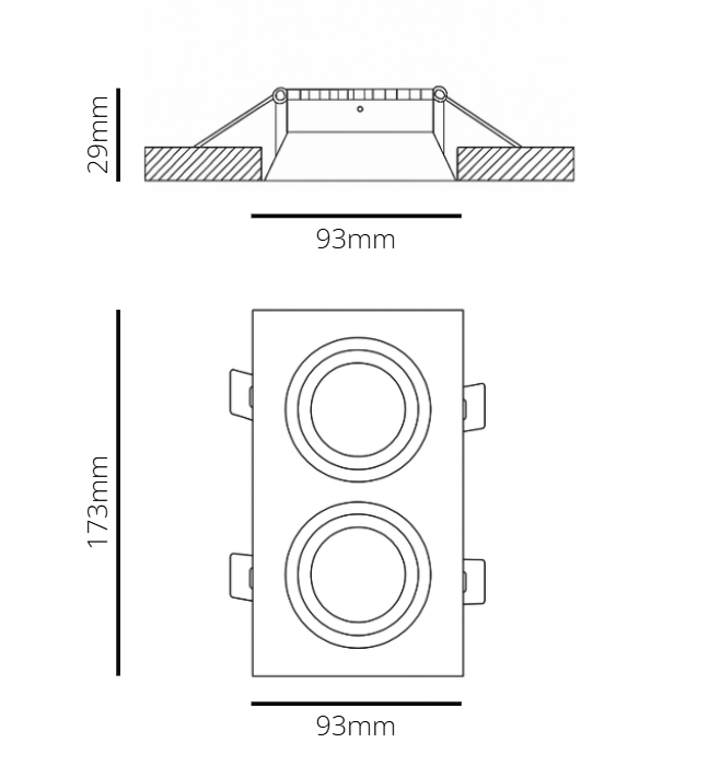 Technical drawing of a rectangular light fixture with dimensions labeled.