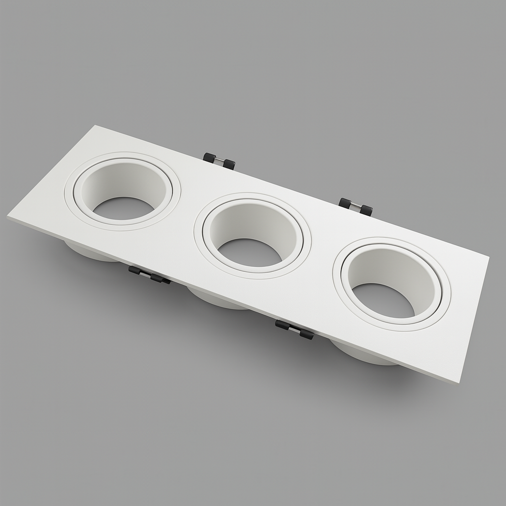 White triple recessed spotlight fixture with three circular slots