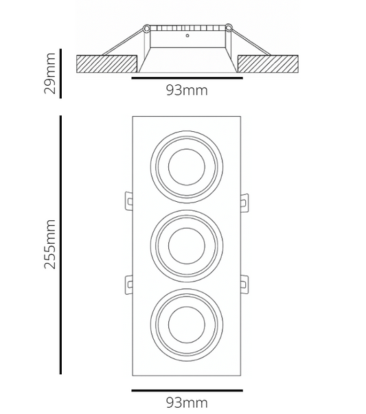 Technical drawing of a rectangular panel with circular components and dimensions.