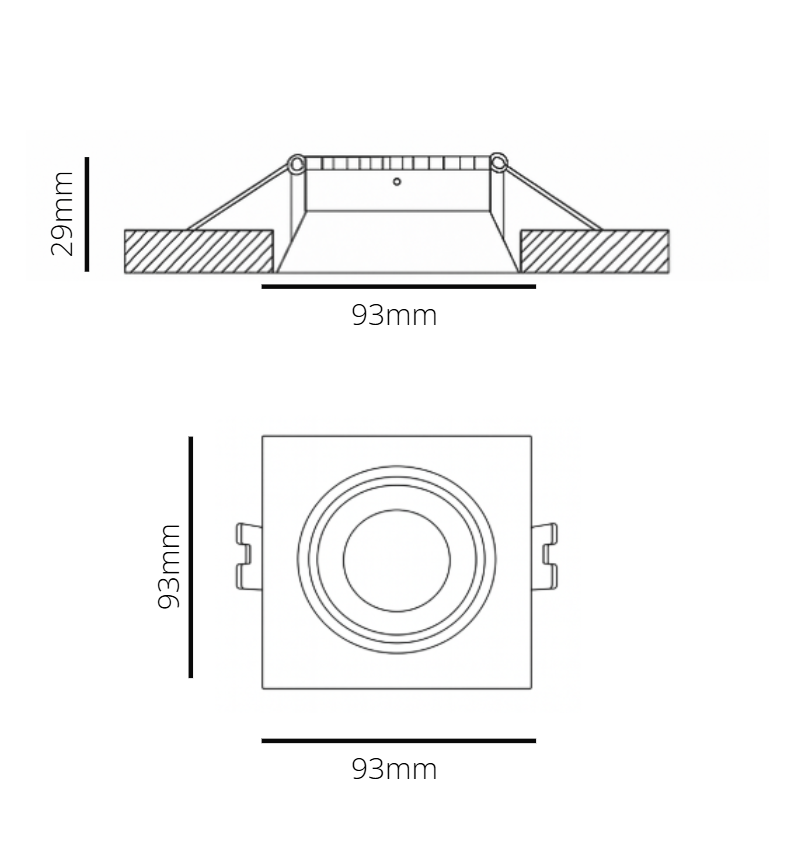Technical drawing of a square recessed light fixture with dimensions.