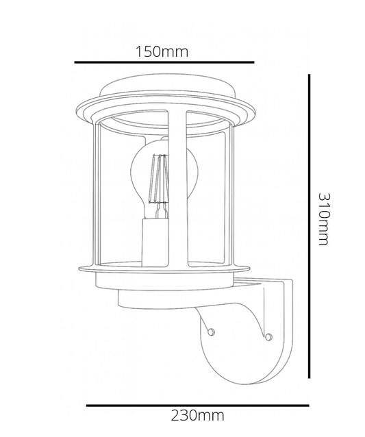 Line drawing of a wall-mounted light fixture with dimensions labeled.