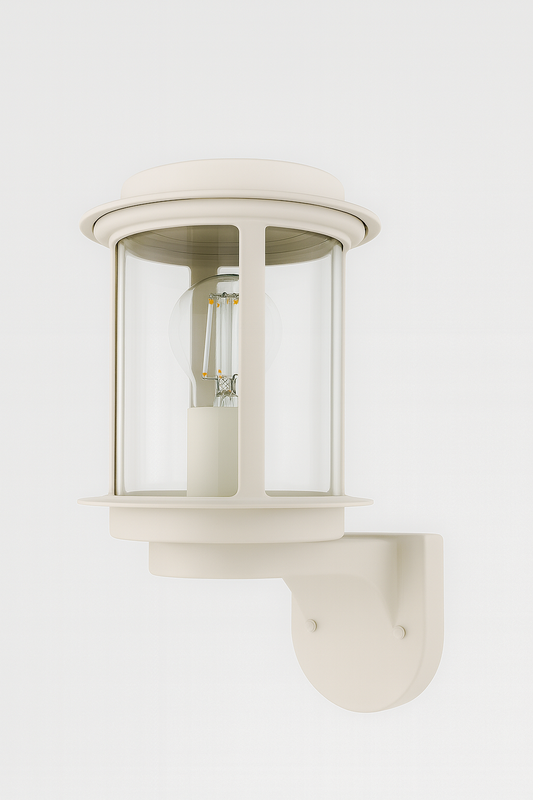 White outdoor wall light fixture with E27 base lamp