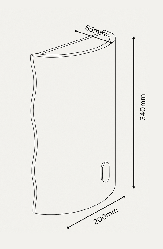 Technical drawing of a curved object with dimensions labeled