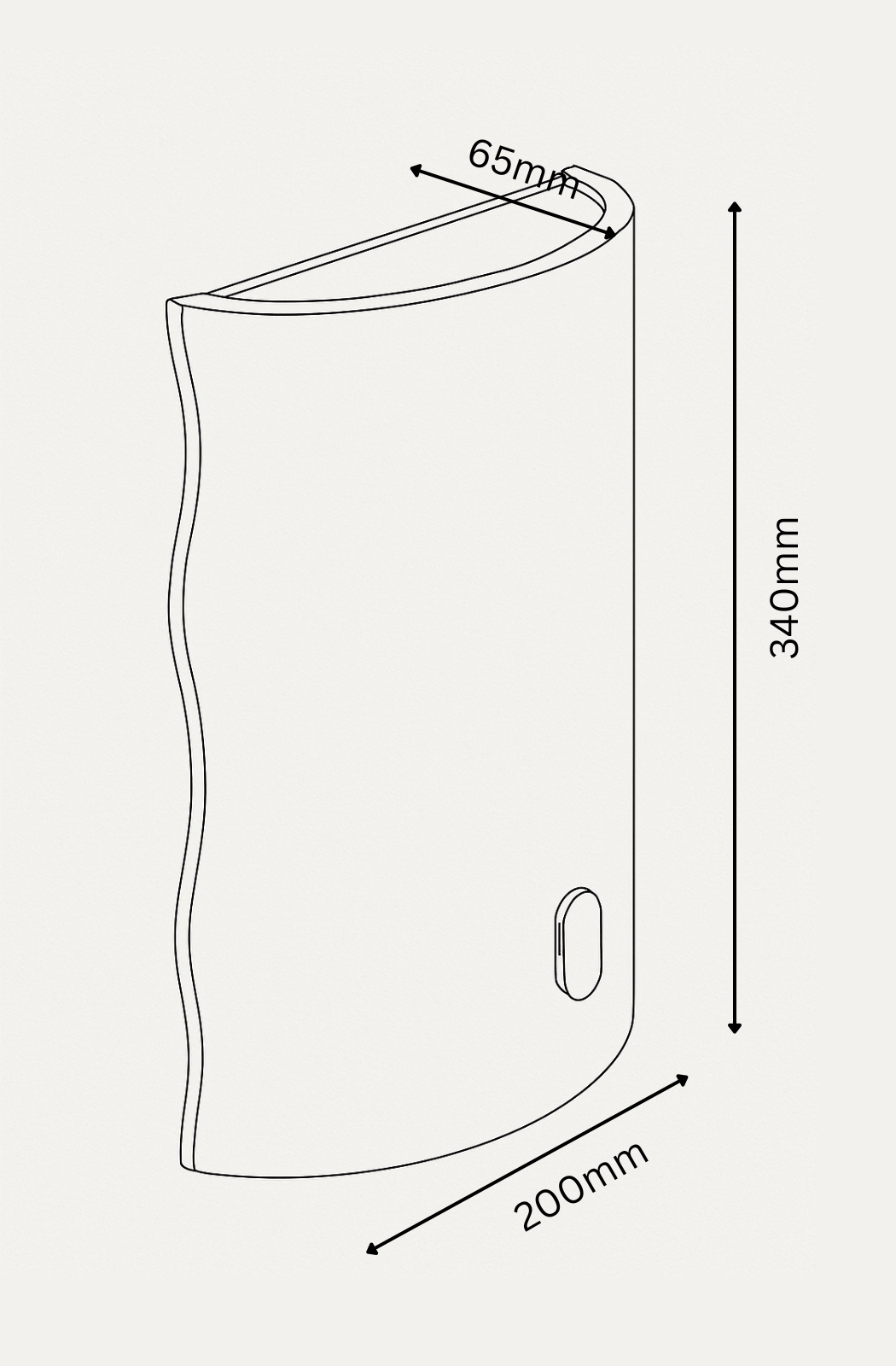 Technical drawing of a curved object with dimensions labeled