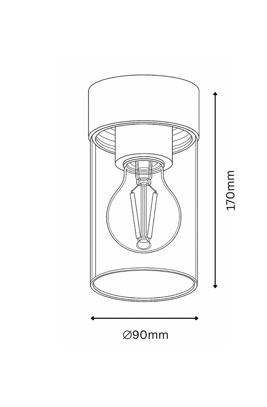 Technical drawing of a cylindrical light fixture with dimensions on a white background