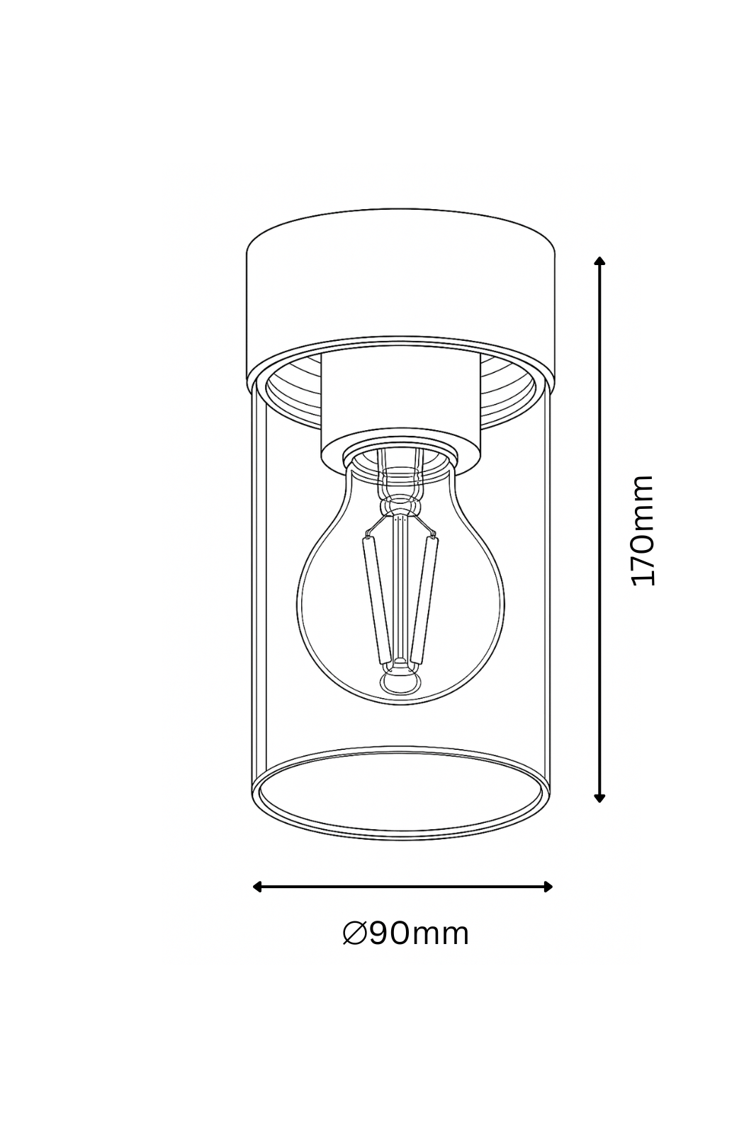 Technical drawing of a cylindrical light fixture with dimensions on a white background