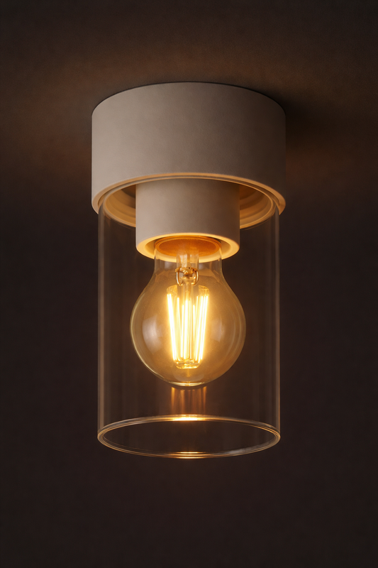 Ceiling light fixture with a glass shade and visible bulb on a dark background