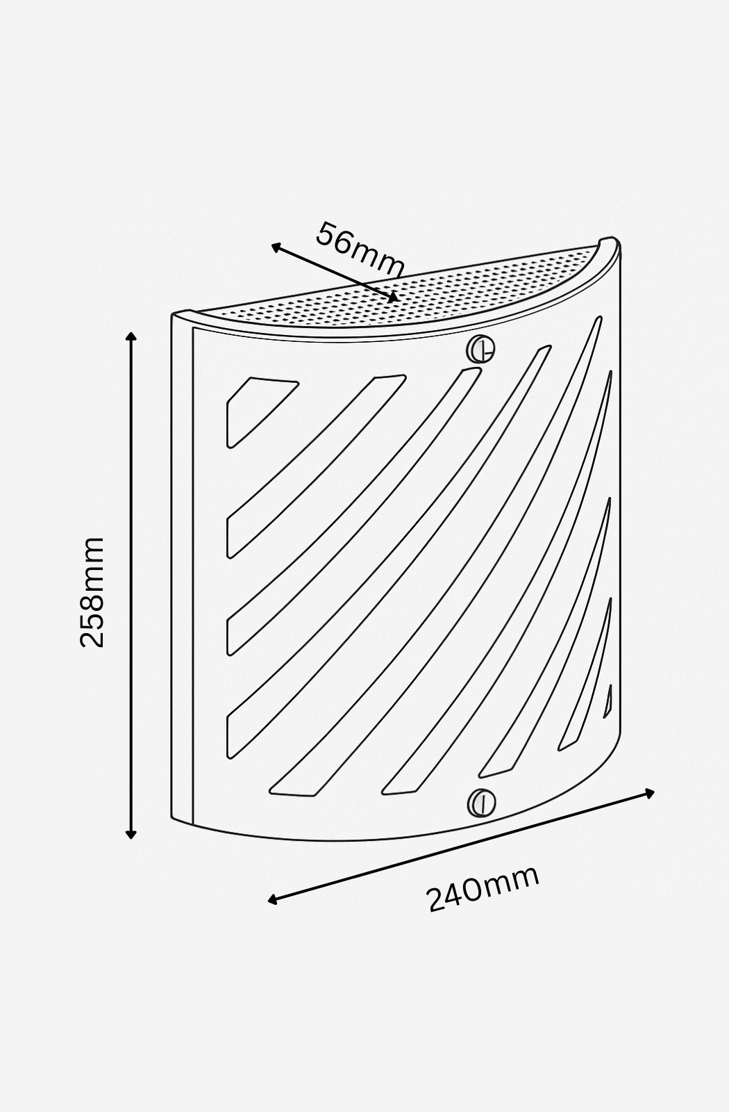 Technical drawing of a corner shower enclosure with dimensions labeled