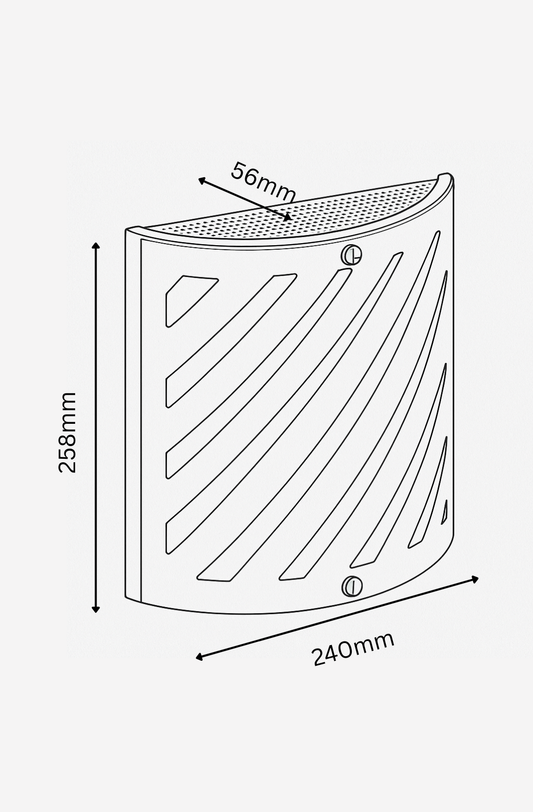 Technical drawing of a corner shower enclosure with dimensions labeled