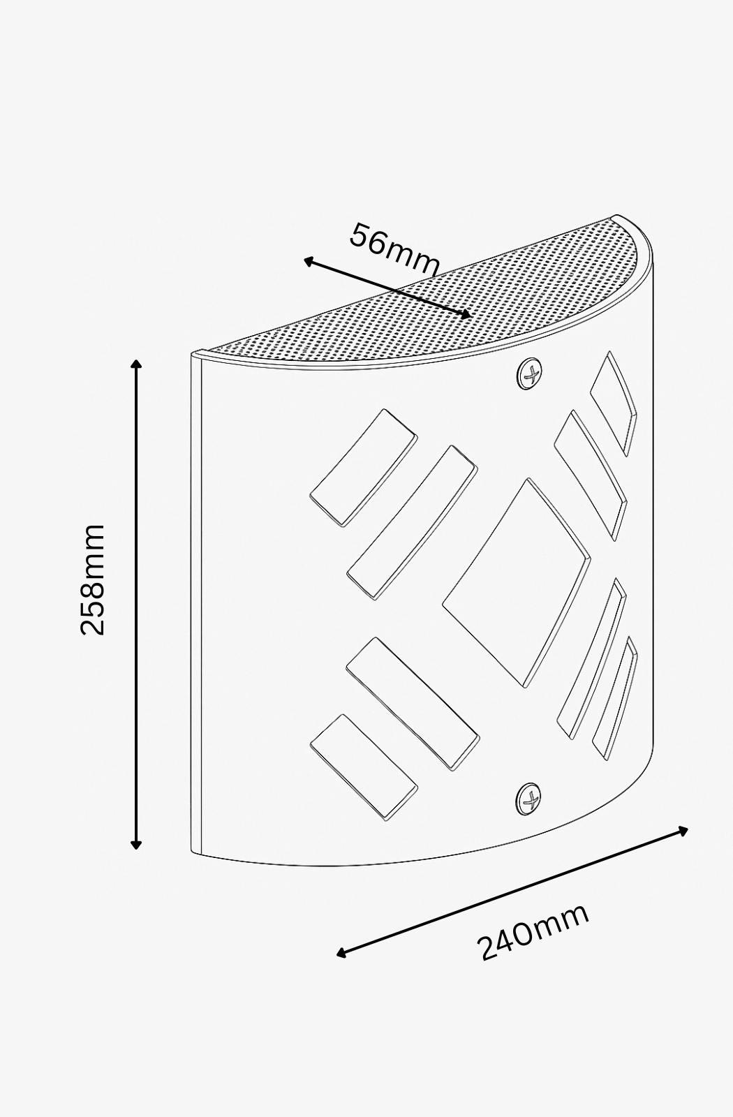 Technical drawing of a corner piece with dimensions labeled