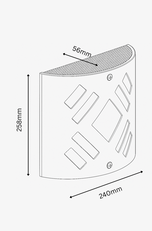 Technical drawing of a corner piece with dimensions labeled