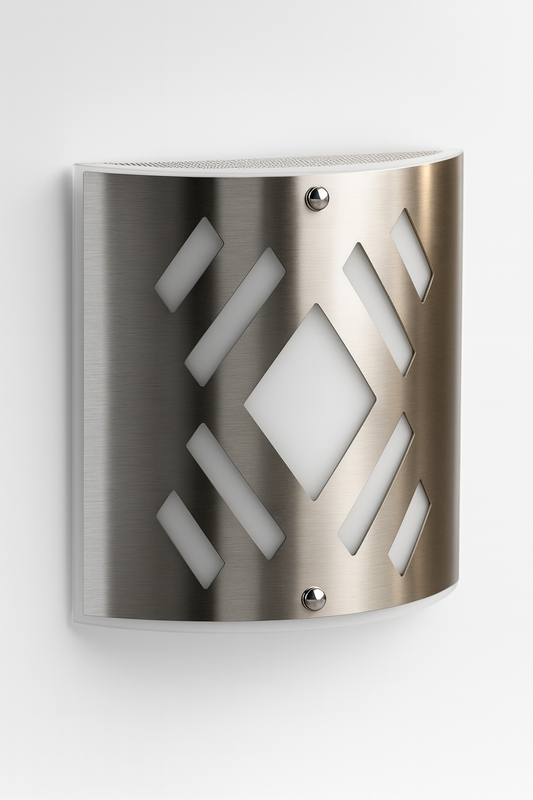 Metallic wall light fixture with geometric design with RX7S base lamp