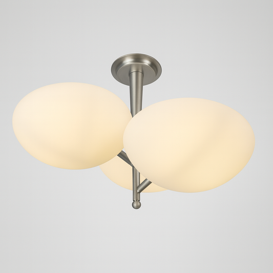 Ceiling light fixture with E14 base lamp and three round glass shades