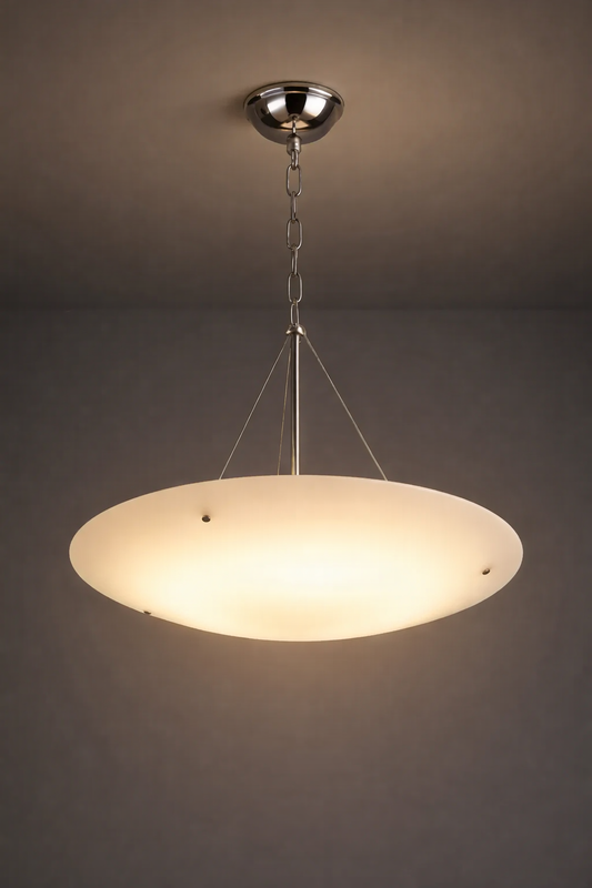 Pendant light fixture with a white glass shade on a dark background