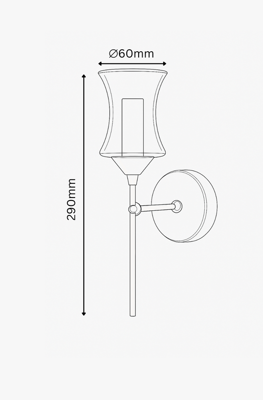 Technical drawing of a wall-mounted light fixture with dimensions