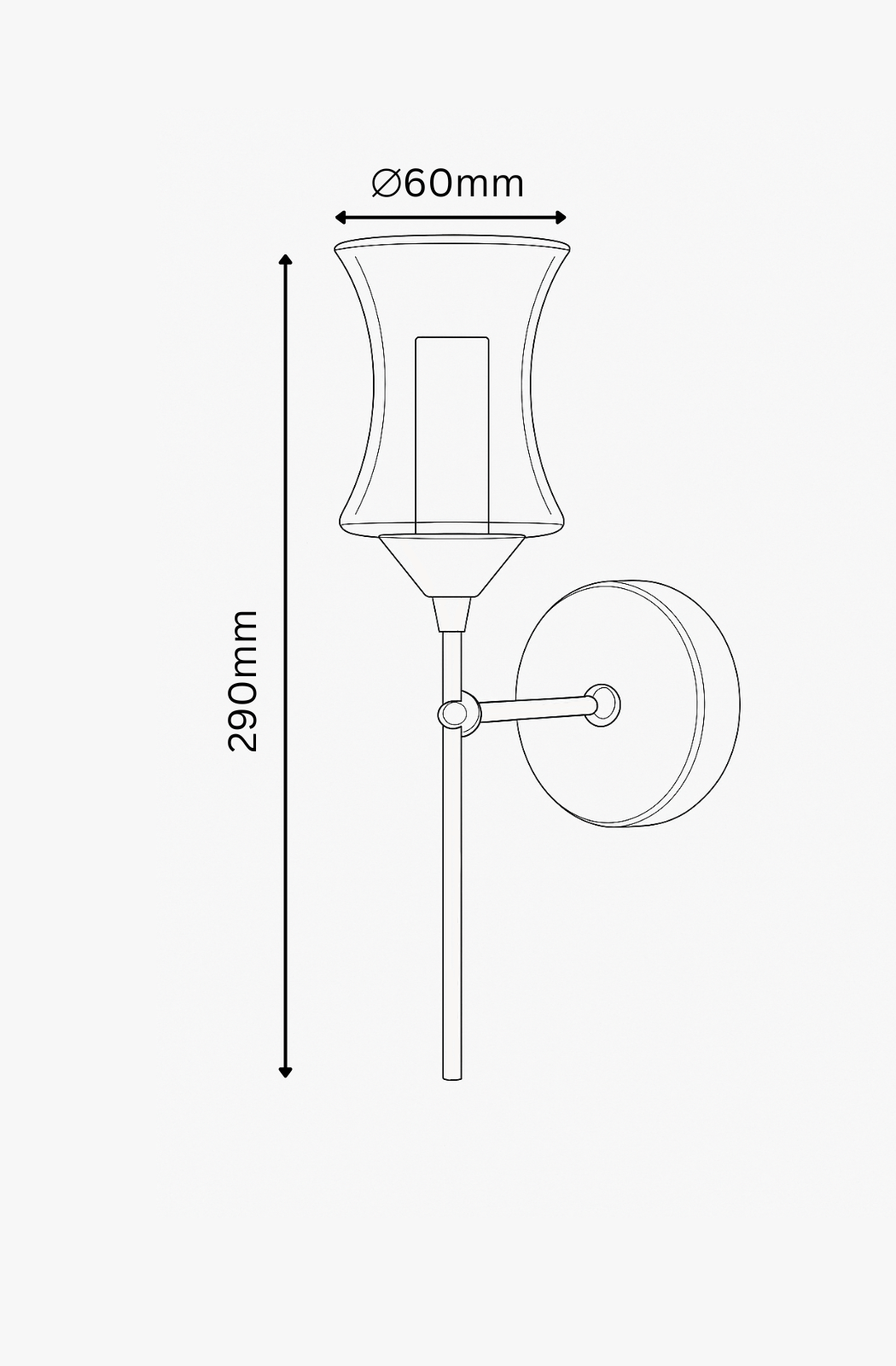 Technical drawing of a wall-mounted light fixture with dimensions