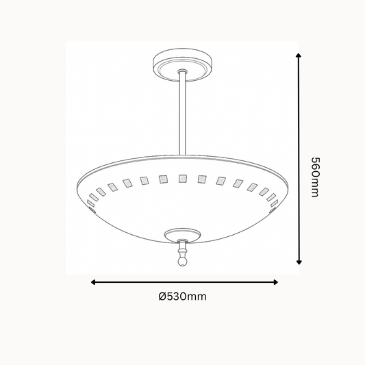 Line drawing of a ceiling light fixture with dimensions on a white background