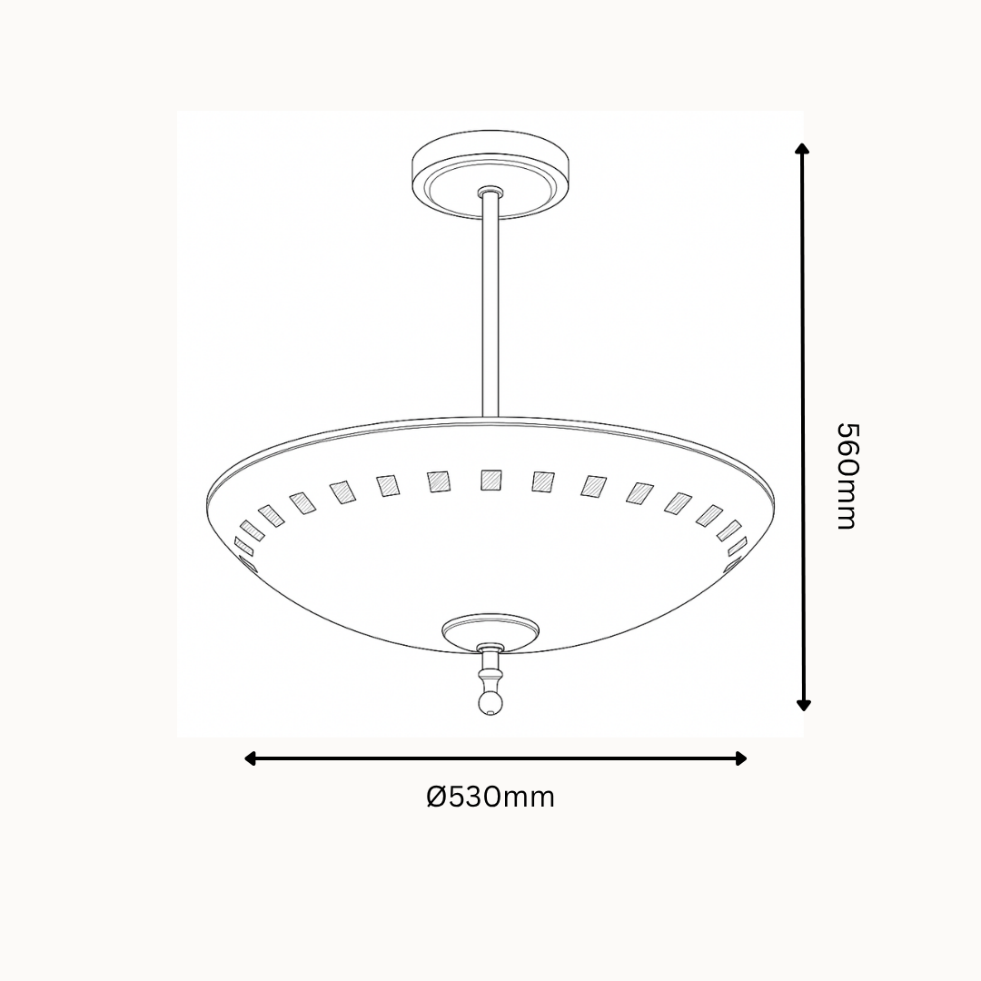 Line drawing of a ceiling light fixture with dimensions on a white background