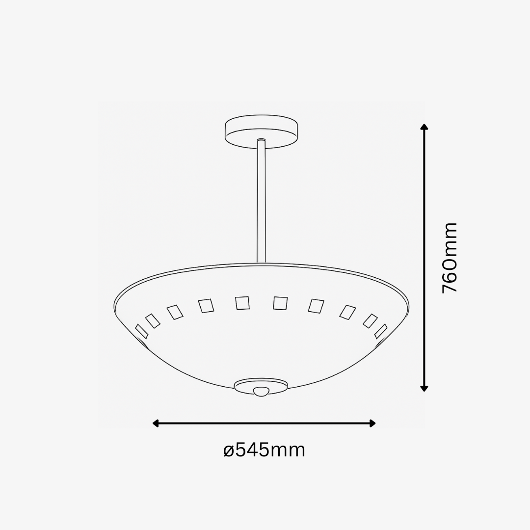 Line drawing of a ceiling light fixture with dimensions on a white background