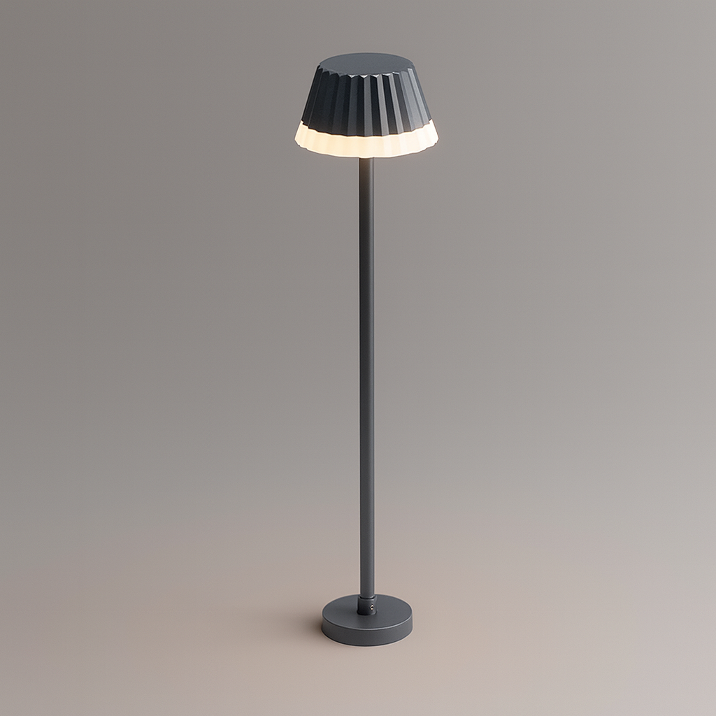 Black outdoor floor lamp with a ribbed shade with COB/SMD base lamp