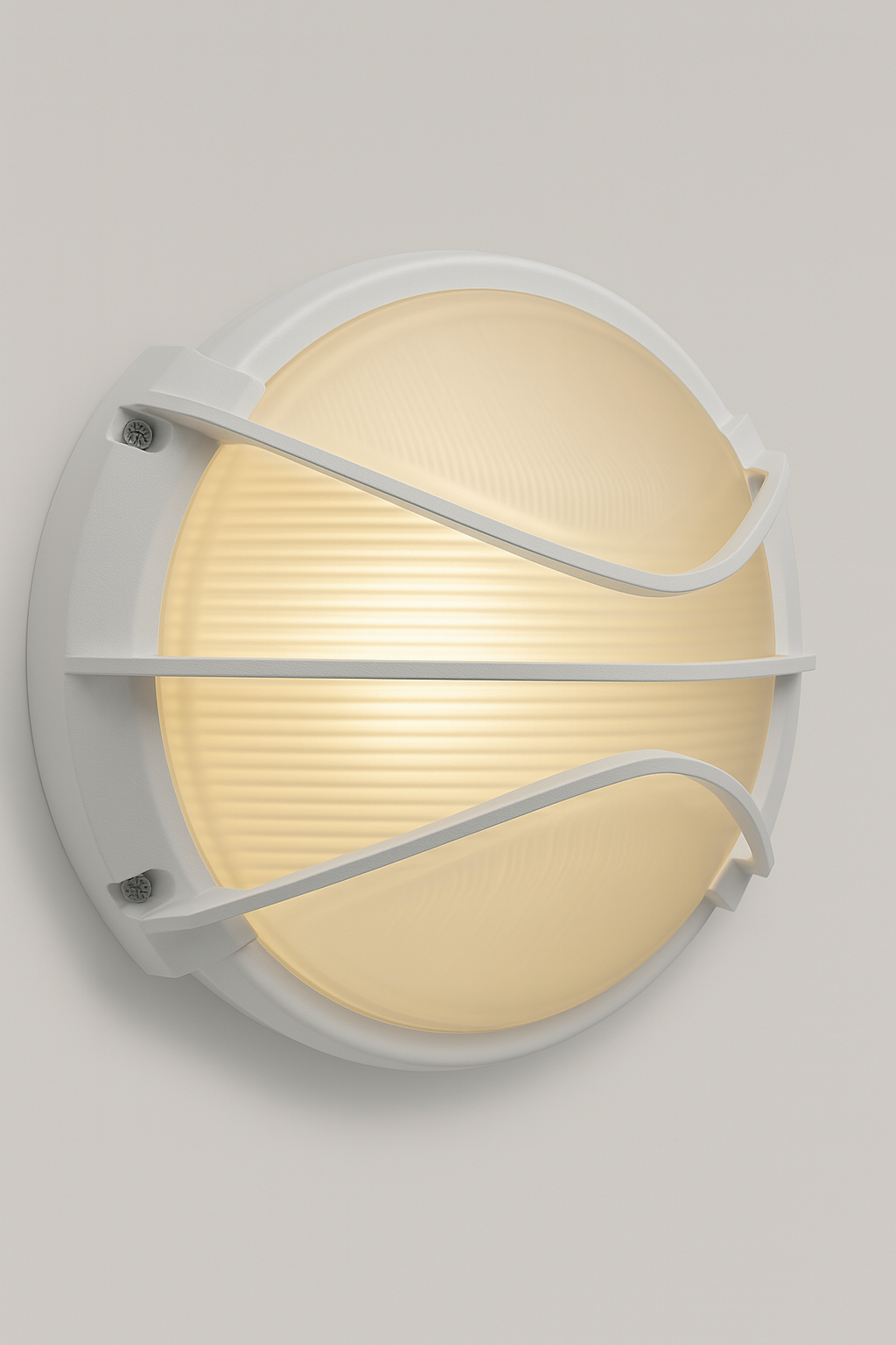 Round wall light fixture with a white frame and beige glass with E27 base lamp