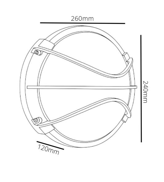 Technical drawing of a circular metal frame with dimensions labeled