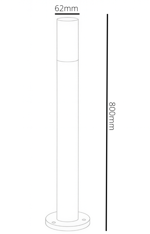 Measurement diagram of a cylindrical object with dimensions 62mm at the top and 800mm in height.