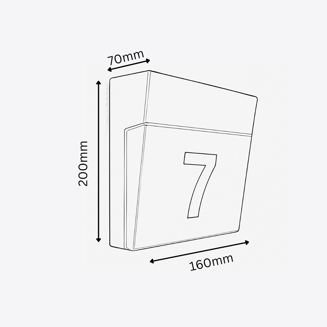 Dimensions of a rectangular block with a number '7' on a white background