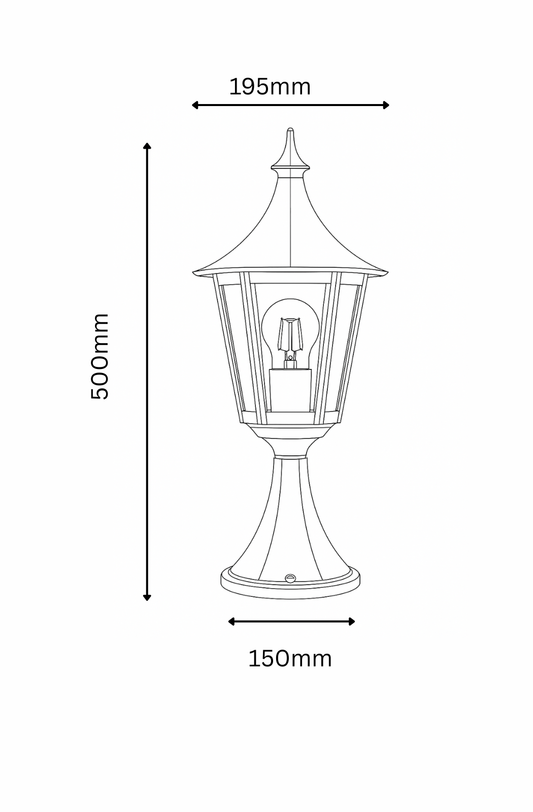 Measurement diagram of an outdoor lamp post with dimensions labeled.