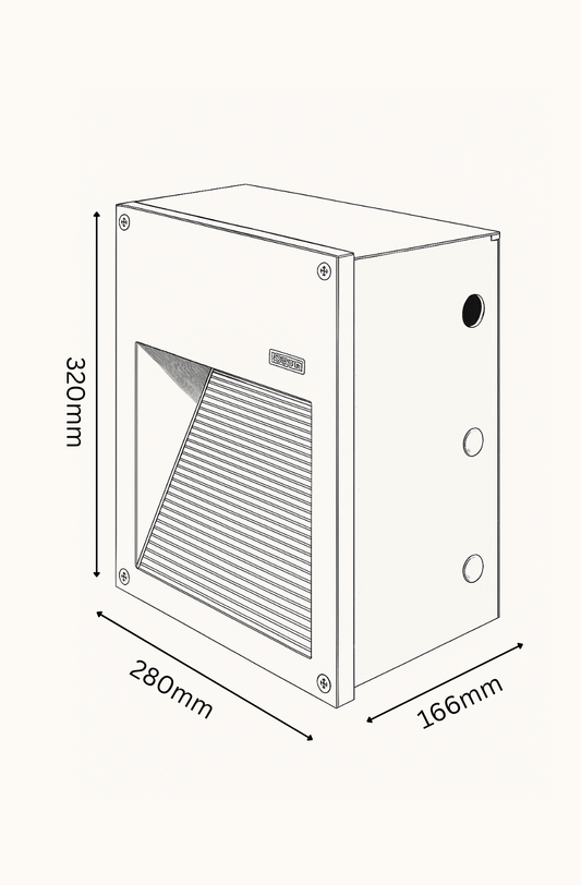 Technical drawing of a rectangular air filter with dimensions labeled