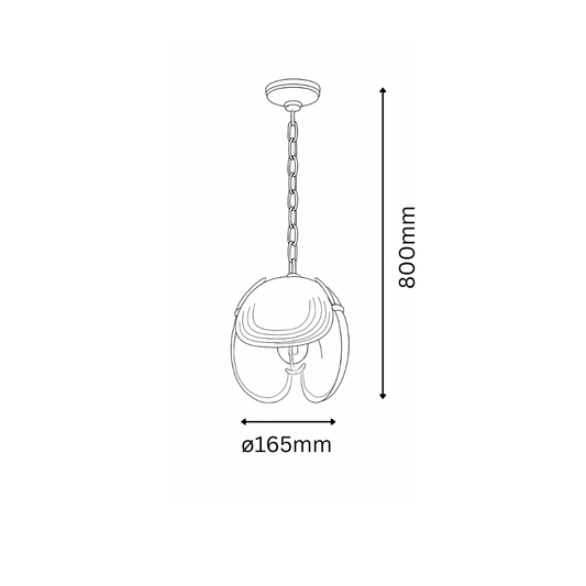 Line drawing of a pendant light with dimensions on a white background