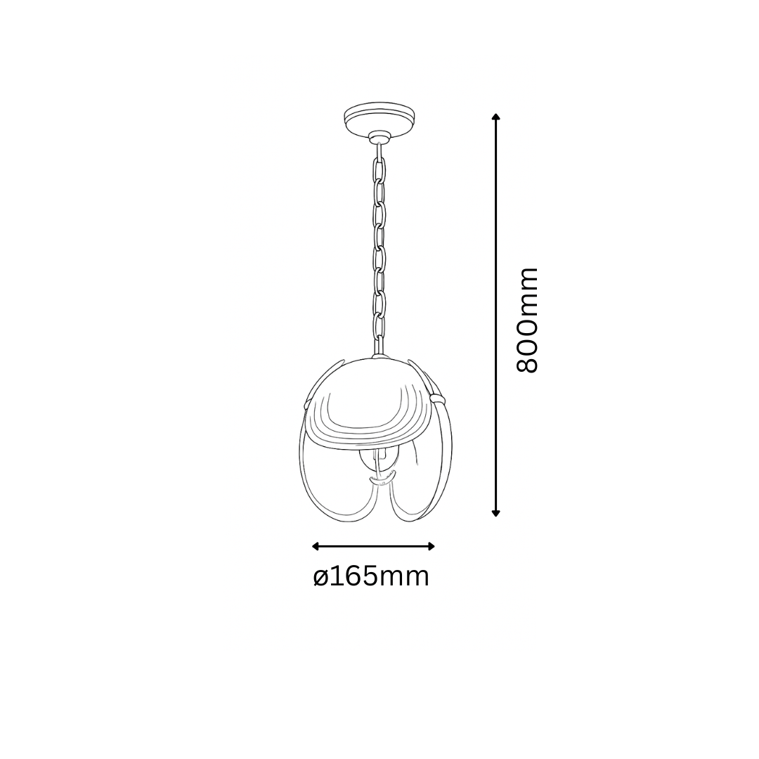 Line drawing of a pendant light with dimensions on a white background