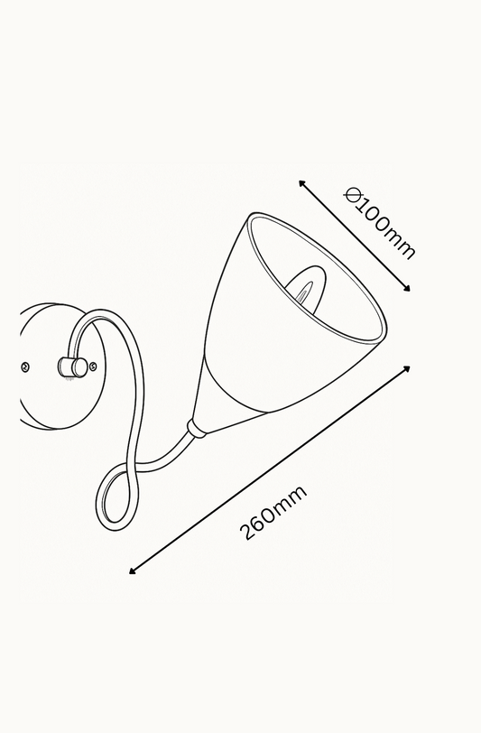 Line drawing of a wall-mounted light fixture with dimensions indicated.