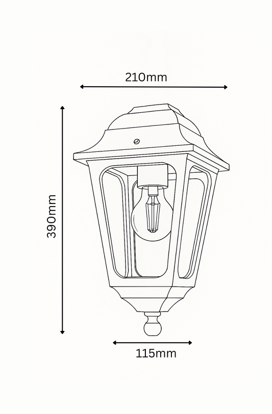 Line drawing of a wall-mounted outdoor light fixture with dimensions.