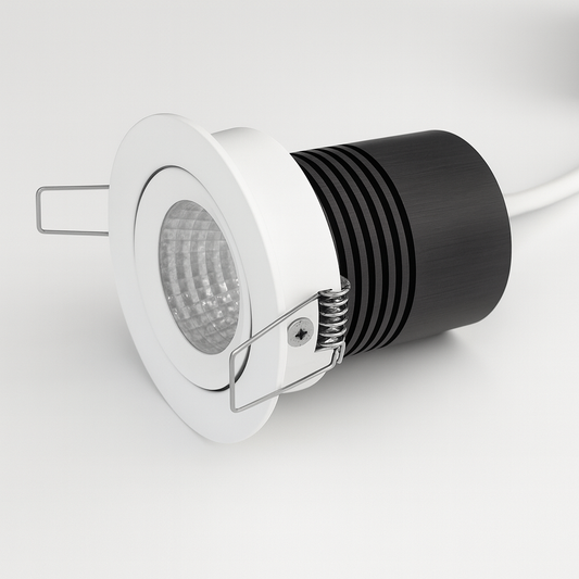 Close-up of a recessed ceiling light with black and silver design with COB/SMD base lamp