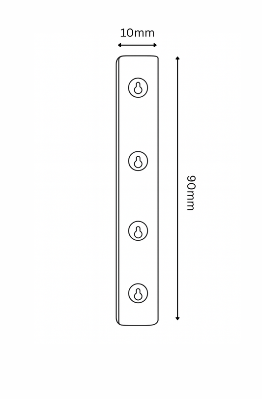 Measurement chart showing dimensions of a rectangular object with three circular icons