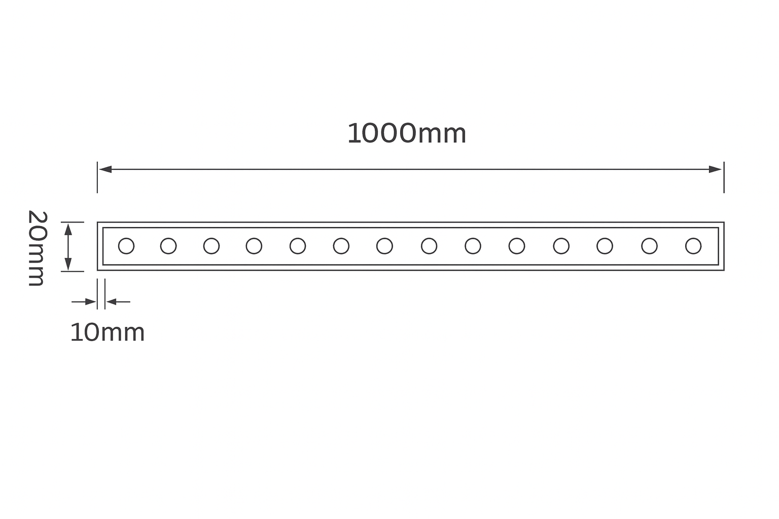 Measurement chart showing a strip with 1000mm length and 20mm width, with small circles indicating measurement points.