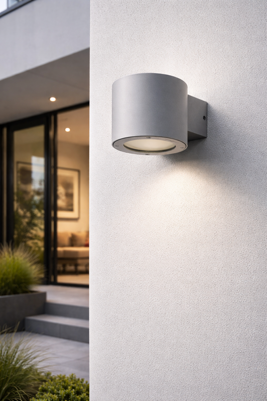 Modern outdoor wall light fixture on a textured white wall with a blurred interior background.