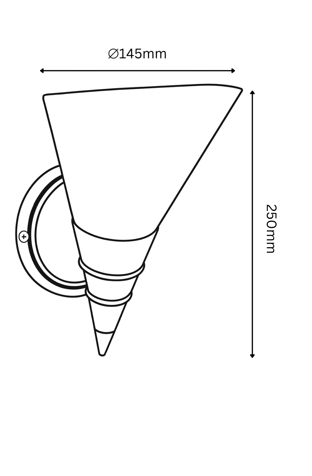 Line drawing of a wall-mounted light fixture with dimensions labeled