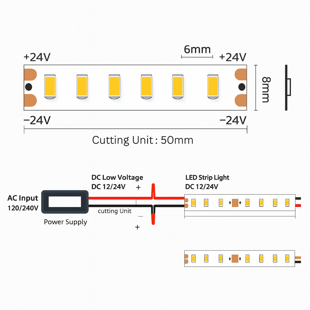 Diagram of LED strip light with power supply and voltage details