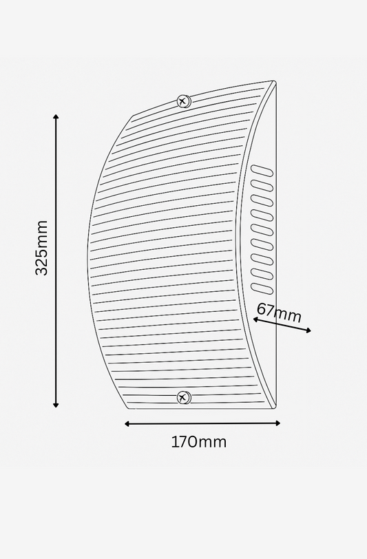Technical drawing of a curved panel with dimensions labeled