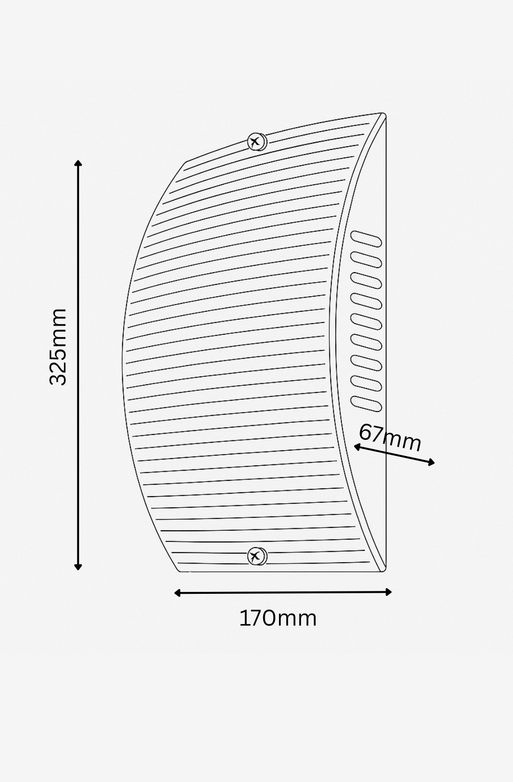 Technical drawing of a curved panel with dimensions labeled
Wall-mounted light fixture with a textured beige cover with dual E27 base lamp
Elena wall light gulf lights
Elena wall light