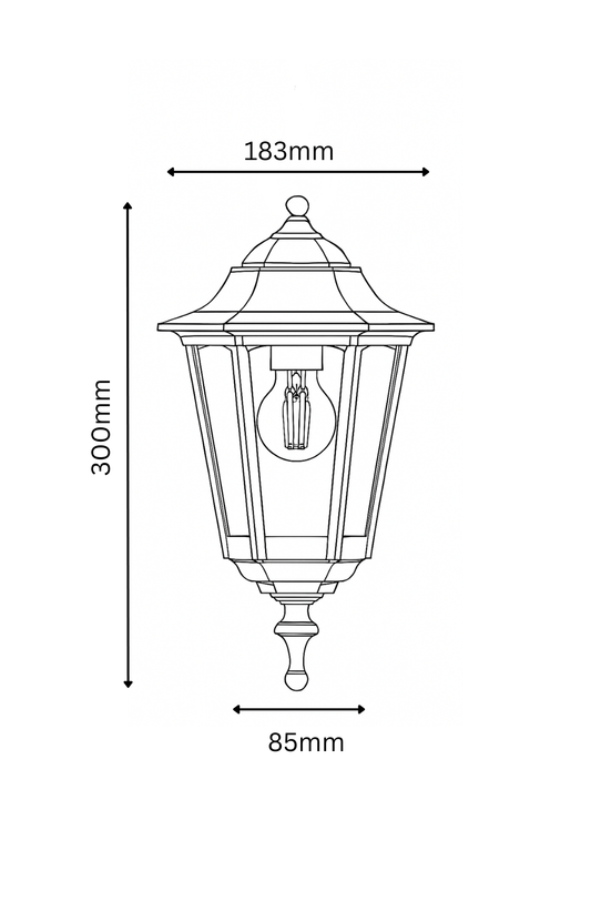 Line drawing of an outdoor lamp with dimensions labeled