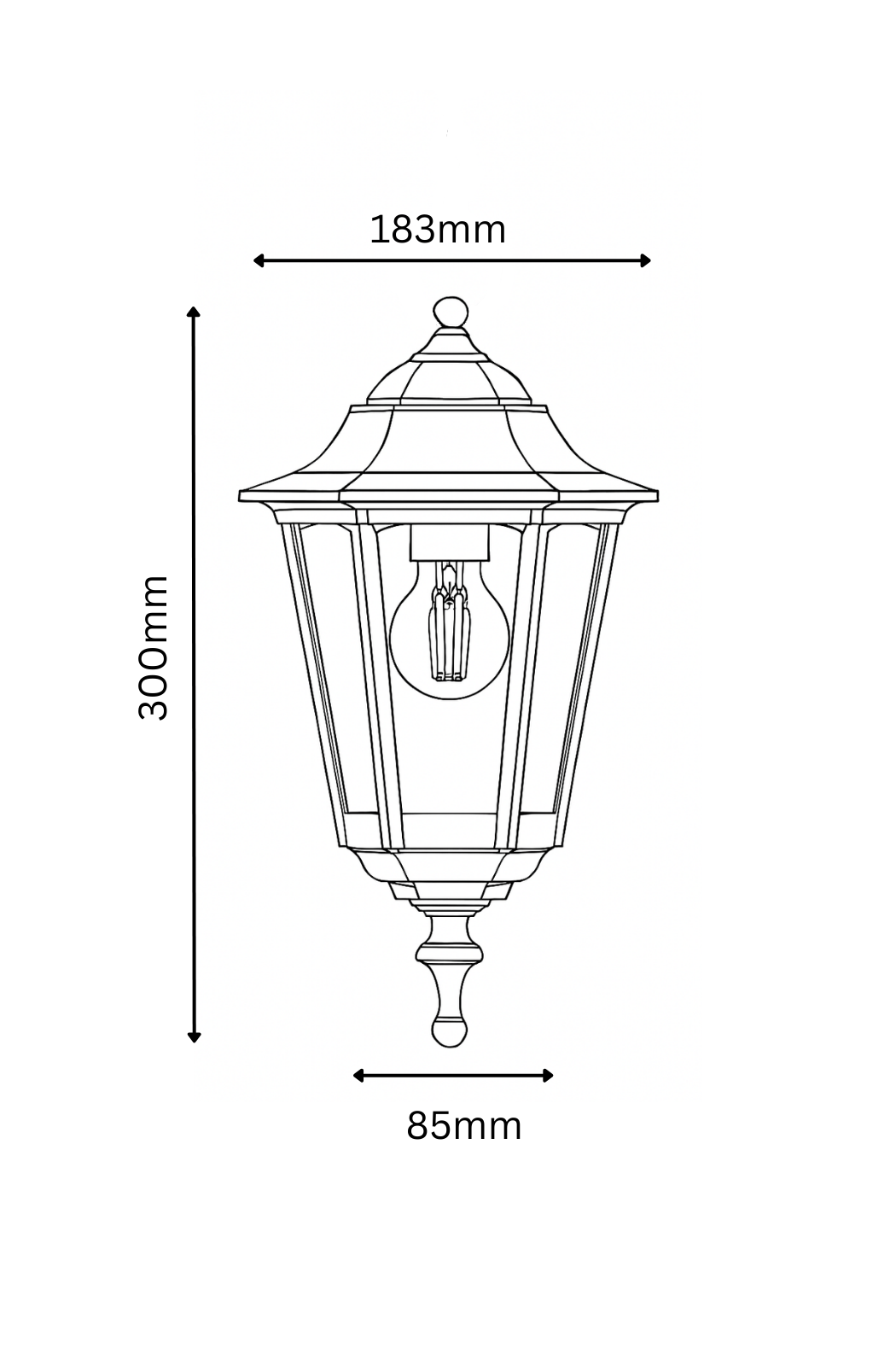 Line drawing of an outdoor lamp with dimensions labeled
