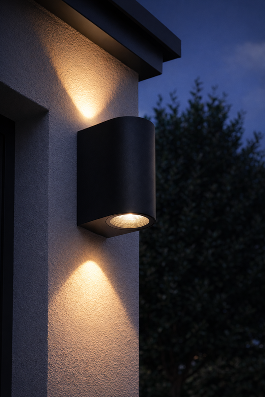 Black outdoor wall light fixture on a building exterior at night.
Rolux wall light gulf light
Rolux wall light