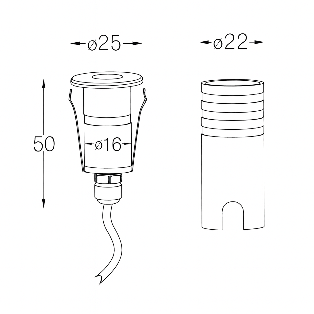 Technical drawing of a cylindrical component with dimensions labeled
Lumidot Mini uplight gulf light
Lumidot Mini uplight